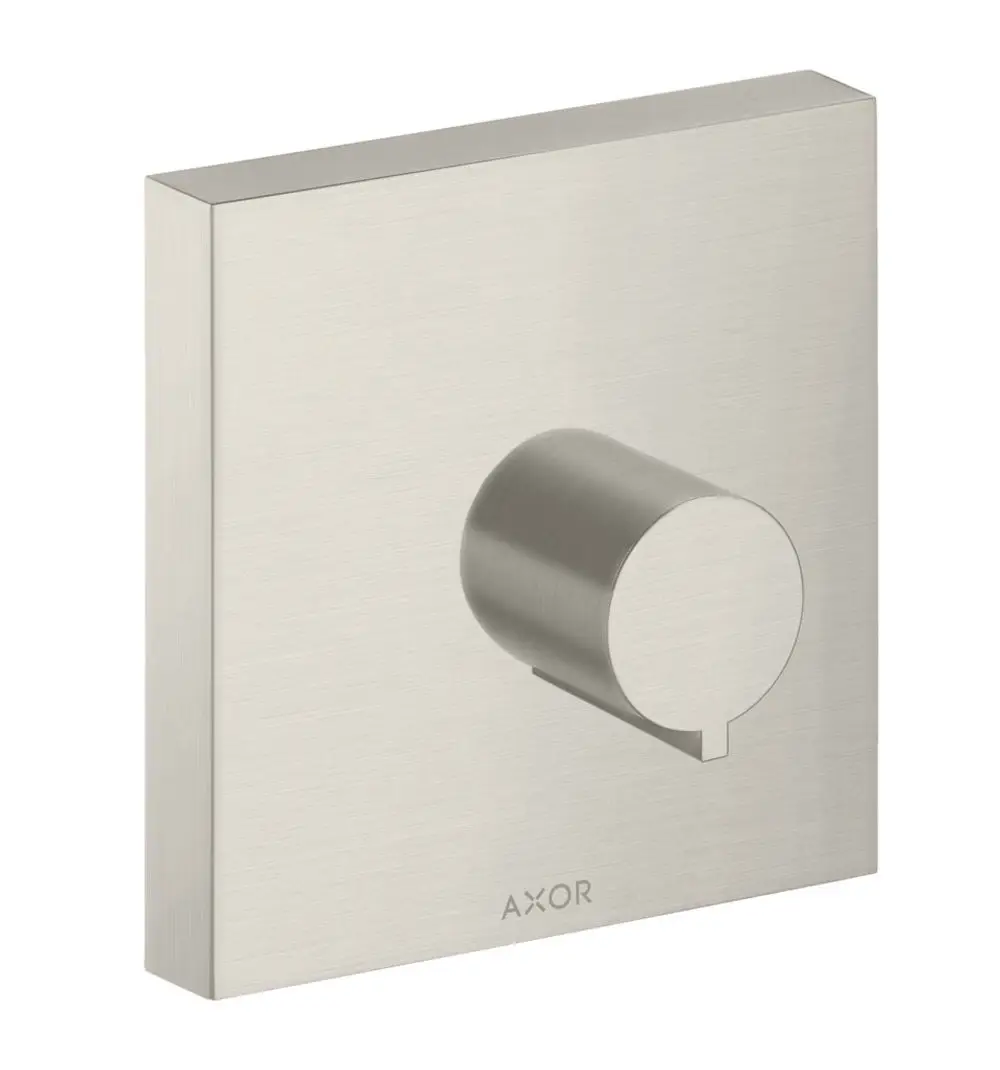 Edelstahl-Wandarmatur mit runder Drehknopfbedienung. Die Oberfläche ist gebürstet. Produkt von AXOR, geeignet für die Installation im Duschebereich.